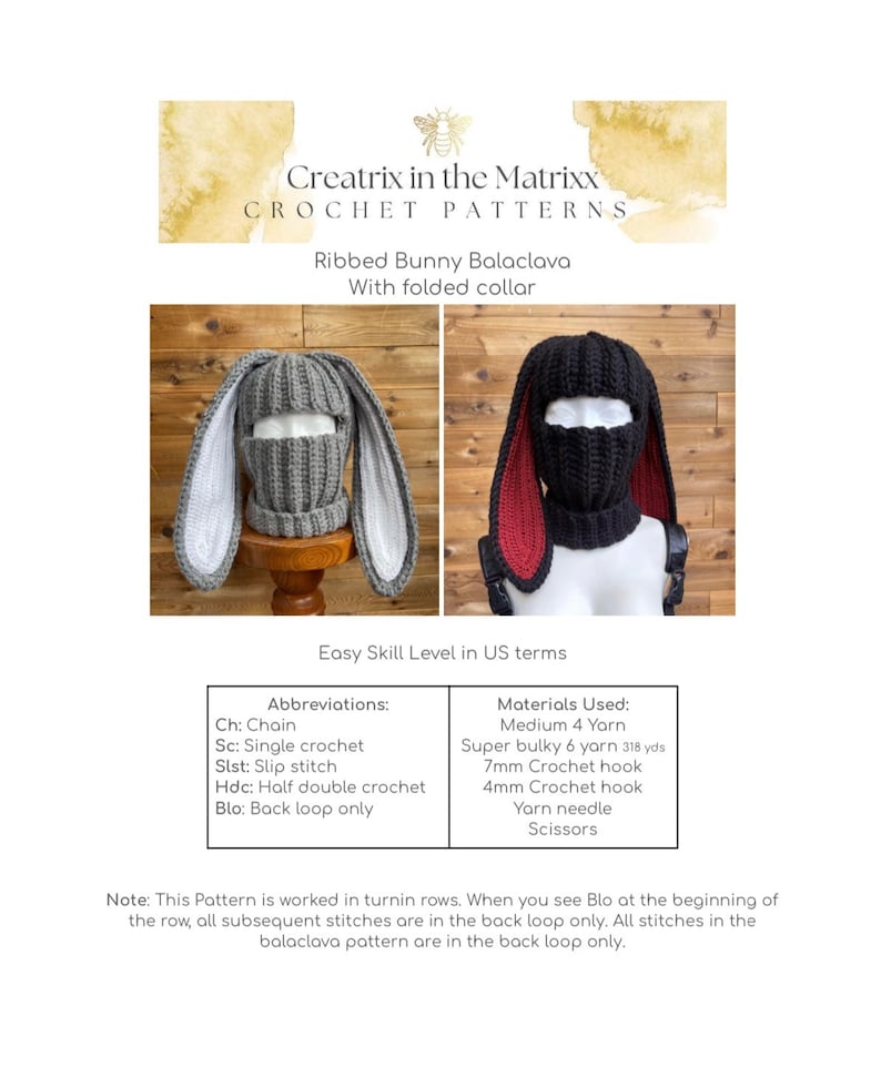 May include: A crochet pattern for a ribbed bunny balaclava with folded collar. The pattern includes instructions for making the balaclava and the bunny ears. The pattern is written in US terms and includes abbreviations for common crochet stitches.