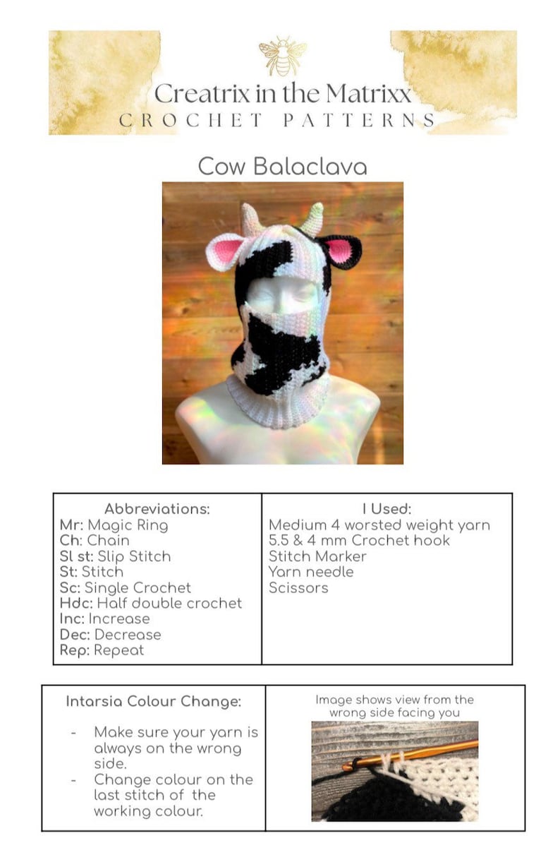 May include: A crochet cow balaclava pattern with instructions for intarsia color change. The pattern includes a list of abbreviations and materials needed, such as yarn, crochet hook, stitch marker, yarn needle, and scissors.