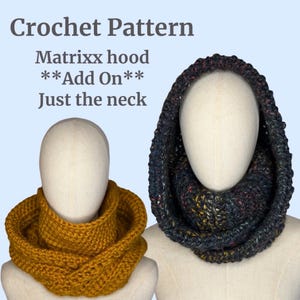 Può includere: Due scaldacollo all'uncinetto, uno giallo senape e uno blu scuro con macchie multicolori. Il testo dell'immagine recita "Crochet Pattern Matrixx hood **Add On** Just the neck"