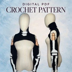 May include: A digital PDF crochet pattern featuring a black and white bolero with long sleeves. The garment displays a white skeleton bone design on the sleeves and neck area, shown on a mannequin from both the front and side profile views.