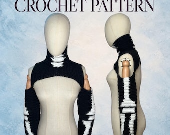 May include: A digital PDF crochet pattern featuring a black and white bolero with long sleeves. The garment displays a white skeleton bone design on the sleeves and neck area, shown on a mannequin from both the front and side profile views.