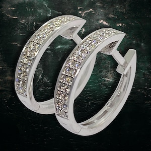 Diamond Double Row Huggie Earrings in 14k Solid White Gold (0.42 ct. tw.) Double Row Hoop Earrings, Double Row Diamonds Earrings