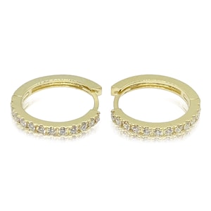 Diamond Hoop Earrings in 14k Solid Yellow Gold (0.42 ct. tw.) Huggie Earrings Small size 0.65 inch, Huggie Hoop Earrings