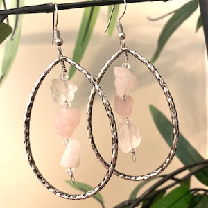 Rose quartz hoop earrings, rose quartz earrings, rose quartz dangle hoop earrings, raw rose quartz earrings, raw rose quartz hoop earrings