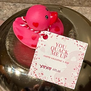 May include: A pink rubber duck with red heart designs and a white ribbon around its neck. The duck is sitting on a gold surface with a white card that says "You Quack Me Up Happy Valentine's Day xoxo Atlas".