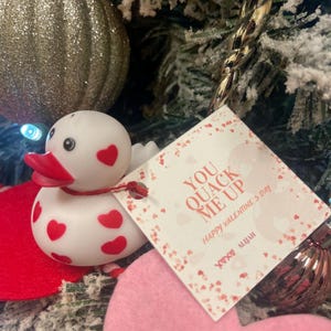 May include: A white rubber duck with red hearts on it, hanging from a white card with the text "You Quack Me Up Happy Valentine's Day xoxo Aliyah".