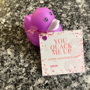 May include: Purple rubber duck with a white beak and a Valentine's Day card that says "You Quack Me Up Happy Valentine's Day xoxo".