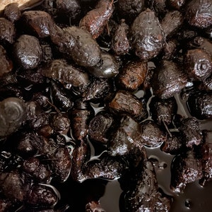 May include: A close-up of a bowl filled with black, shiny, and slightly wrinkled prunes soaking in a dark liquid.