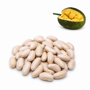 May include: A pile of off-white kidney beans arranged in a cluster, accompanied by a single halved jackfruit showing its textured green rind and bright yellow, fleshy interior segments, all set against a plain white background.