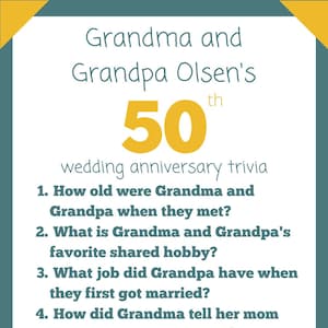 Trivia del 50.º aniversario de bodas, tarjeta de trivia, aniversario de bodas, trivia del 50.º aniversario, aniversario, juego de fiesta
