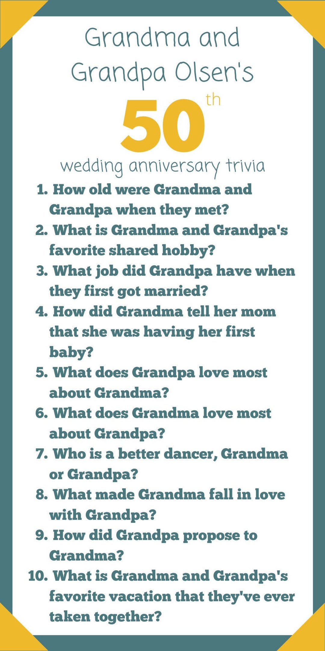 50th Wedding Anniversary Trivia, Trivia Card, Wedding Anniversary, 50th