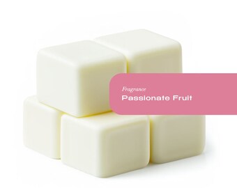 May include: A stack of white wax melts in a cube shape. The fragrance is Passionate Fruit.