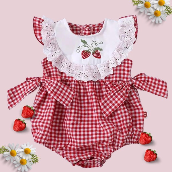 Strawberry Baby Girl Boutique Dress, Adorable Baby Girl Romper, Boho Baby Girl Outfit For Spring, Fall.