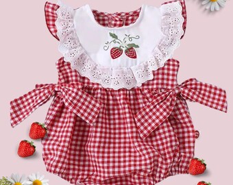 Strawberry Baby Girl Boutique Dress, Adorable Baby Girl Romper, Boho Baby Girl Outfit For Spring, Fall.