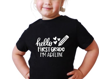 Hello First Day of Kindergarten Shirt, Toddler Girl First Day Of School Shirt, Personalized Back to School Shirt For Girls, All Grades. NEW