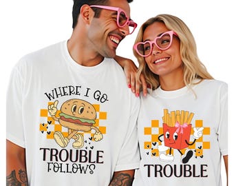Funny Matching Couple Shirts Valentine Couples T Shirts His and Hers Outfits Anniversary Gift Valentines Day Honeymoon Shirt Trouble Follows