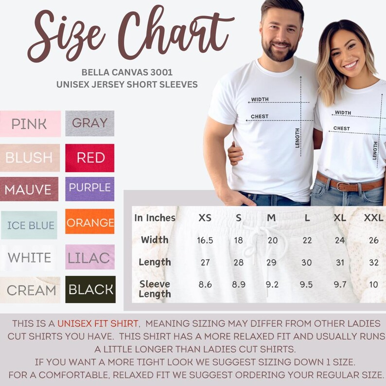 Puede incluir: Tabla de tallas para camisetas unisex de manga corta Bella Canvas 3001. La tabla incluye medidas en pulgadas para el ancho, el largo y el largo de la manga, que van desde la XS hasta la XXL. Se enumeran las opciones de color, incluyendo rosa, gris, rubor, rojo, malva, p&uacute;rpura, azul hielo, naranja, blanco, lila, crema y negro.