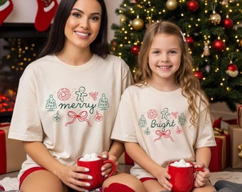 Merry Bright Mama and Mini Matching Holiday Shirts, Coquette Mother Daughter T-Shirts, Mommy and Me Outfits