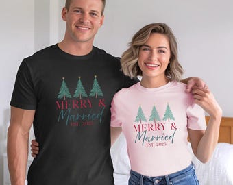 Merry and Married Christmas Couple Shirts, Personalized Newlywed Matching Tees, His and Hers Holiday Pajama Tops, Cute Gift for Husband Wife