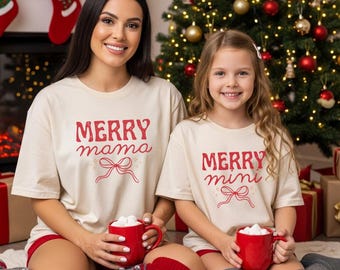 Merry Mama and Mini Matching Holiday Shirts, Coquette Mother Daughter T-Shirts, Mommy and Me Outfits