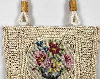 Vintage Style Woven Rattan Purse With Floral Embroidery Shoulder Bag