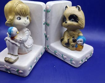 Vintage Girl and Raccoon Plastic Bookends Hong Kong Kitschy!