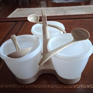 Vintage Tupperware Three Condiment Server with Spoons White & Almond