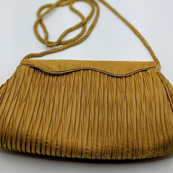 Vintage Gold Pleated Taffeta Evening Clutch with Round Mirror