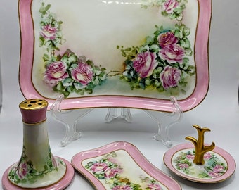 Antique Limoges Hand Painted 4 Piece Vanity Set Pink & Gold Signed