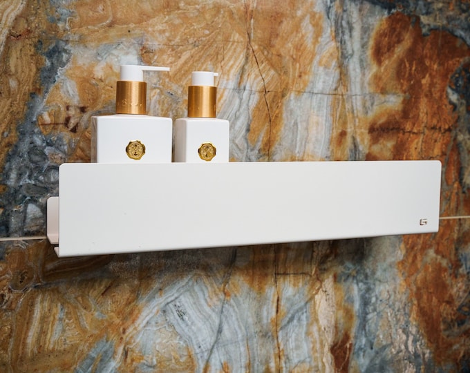 White modern shower shelf ISLA 40cm/15.75in, bathroom shelves, shower shelf, Bathroom Accessories, Minimalist Shelf, Metal Gold Label