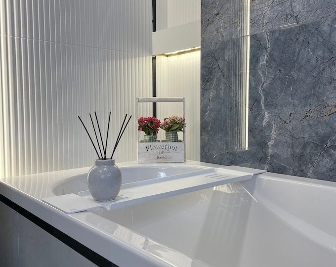 Zoe white bathtub metal shelf, design bath tray, Minimalist White Bathtub Tray, high quality, bathroom, GOLD LABEL