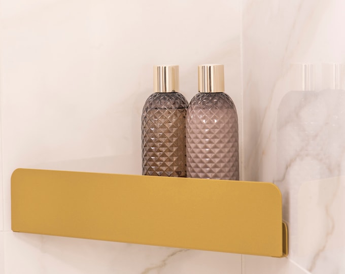 Corner Bathroom Shower metal Shelf Modern Bathroom Shelf 25x25cm (9.84x9.84 inches) Black/White/Gold, GOLD LABEL
