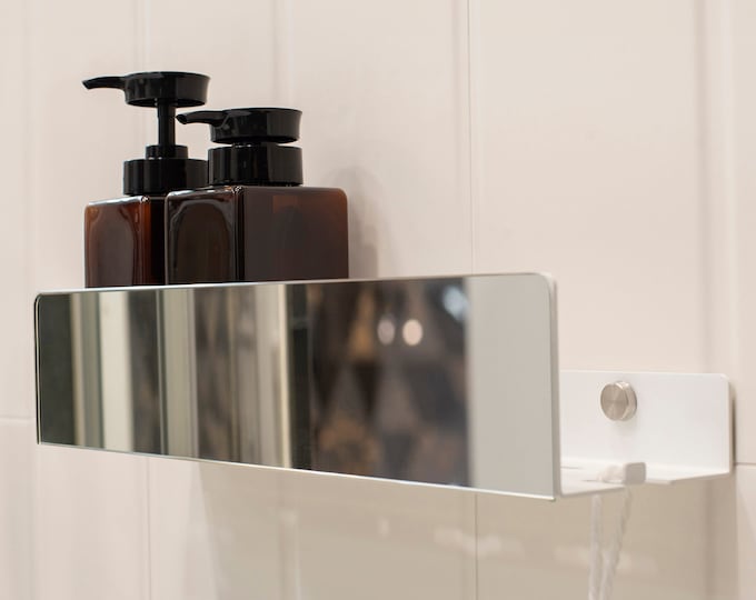 White modern shower shelf, ISLA Lacobel glass, bathroom shelves, Shower Shelf, Metal shelf - ISLA shelf 40cm | 15.7; Gold Label