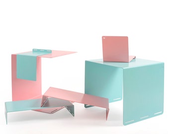 Vinyl record stand, book stand, mint color, metal designer stand, organizer for records and books