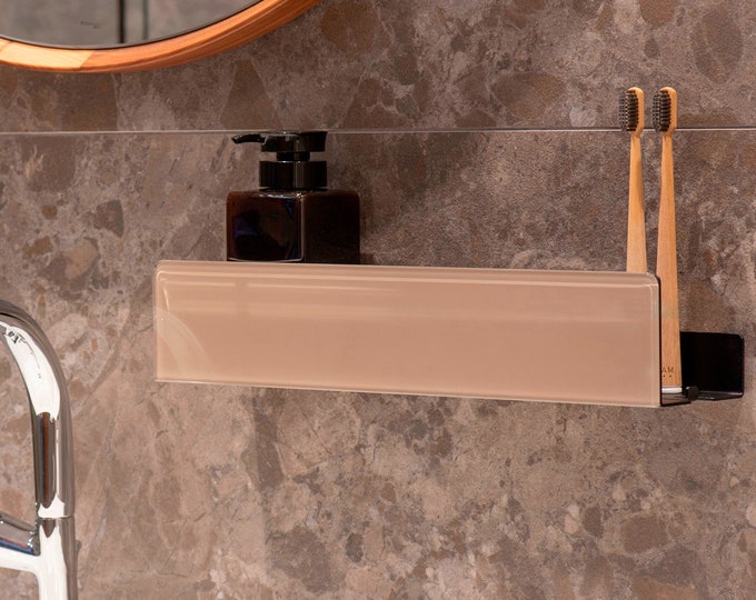 Black modern shower shelf, ISLA Lacobel glass, bathroom shelves, Bathroom Accessories, Shower Shelf, Metal shelf- 60cm| 23.62in, GOLD LABEL