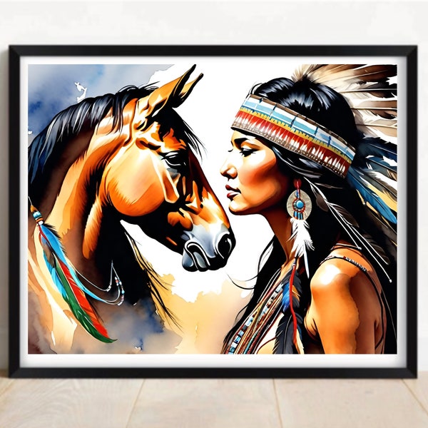 Contemporary Wall Art Poster Native American Girl Indigenous Woman Art Watercolor Painting Digital Download High Res Bestseller Home Decor