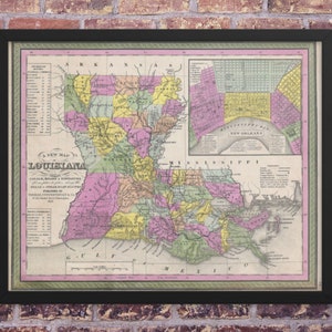 Mapa do pôster quadro de Louisiana | Mapa vintage de Nova Orleans | Nova Orleães Pôster | Arte da cidade de Nova Orleans | Pôster emoldurado fosco aprimorado