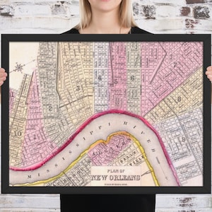 Mapa do pôster quadro de Nova Orleães | Mapa vintage de Nova Orleans | Arte da cidade de Nova Orleans | Pôster emoldurado fosco aprimorado