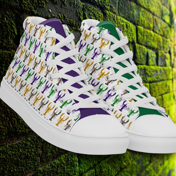 Men’s | Mardi Gras Crawfish Pattern | High Top Canvas Shoes - Purple Green & Gold | Funny Mardi Gras Outfit