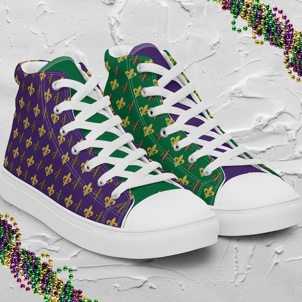 Men's | Mardi Gras Shoes Fleur De Lis Mardi Gras Beads Design | High Top Canvas Shoes | Purple, Green, & Gold