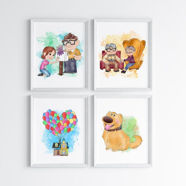 Set Of 4 Up Movie Wall Prints / Carl Fredricksen & Ellie Fredricksen / Up Movie Decor / Up Film Art Watercolour / UP Balloons / DigitalPrint