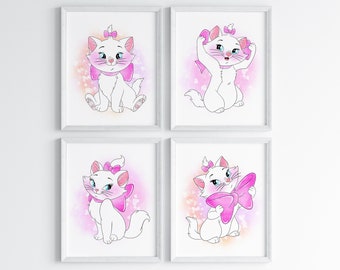 May include: Set of four white framed prints featuring a cartoon white cat with pink bows and a pink watercolor background.