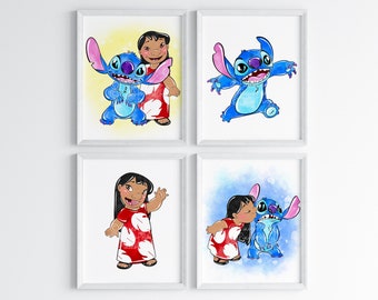 Set Of 4 Lilo And Stitch Wall Prints / Lilo & Stitch Home Decor / Lilo Stitch Wall Art / Digital Download / Lilo Stitch Bedroom Living Room