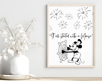 It All Started With A Mouse Quote Wall Art / Mickey Wall Art / Mickey Wall Print / Steamboat Willie Art / Mickey Original Printable