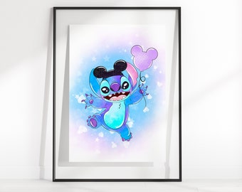 Stitch Mickey Ears Wall Print / Stitch Park Ready Wall Art / Mickey Balloon Stitch Digital Download / Stitch Decor / Stitch Magic Kingdom