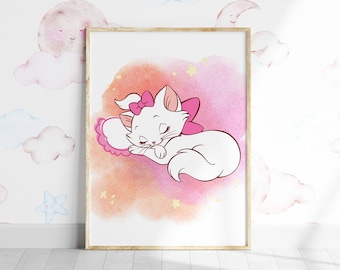 May include: A watercolor illustration of a white cat with pink bow sleeping on a pink cloud with a pink and orange background.