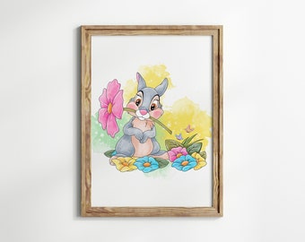 Thumper From Bambi Wall Print / Bambi Movie / Easter Thumper / Thumper and Flowers Wall Art Bambi / Bambi Nursery Art / Bambi Decor /Digital