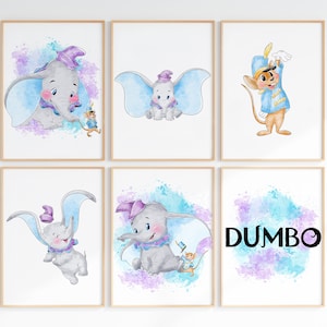 Watercolour Set Of 6 Dumbo Wall Prints / Children's Bedroom Nursery Digital Wall Art / Dumbo Decor / Dumbo Wall Art / Dumbo Home Decor