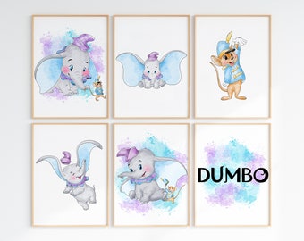 Watercolour Set Of 6 Dumbo Wall Prints / Children's Bedroom Nursery Digital Wall Art / Dumbo Decor / Dumbo Wall Art / Dumbo Home Decor