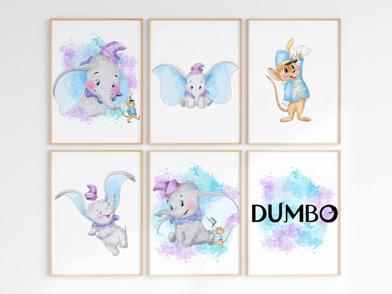 Watercolour Set of 6 Dumbo Wall Prints / Children's Bedroom Nursery
